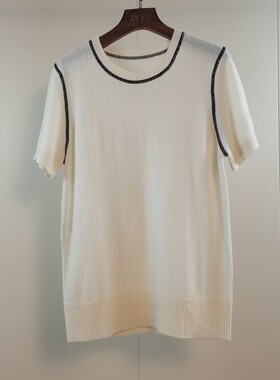 春夏TH日系通勤圆领羊绒短袖针织衫女撞色设计感软糯显瘦百搭上衣