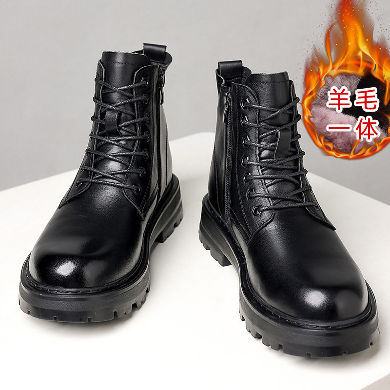 严选马丁靴男款冬季加绒加厚男靴子真皮男士英伦风黑色高帮羊毛靴