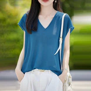 羊范夏季新款慵懒风珍珠麻一线成衣V领短袖女薄款透气百搭上衣T恤