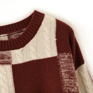 宽松慵懒复古格子毛衣 女圆领套头羊毛衫 羊范25秋冬款 100%纯羊毛衫