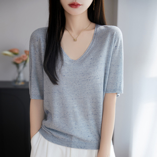 羊范春夏薄款精纺羊毛针织短袖女一线V领点子纱T恤宽松亚麻打底衫