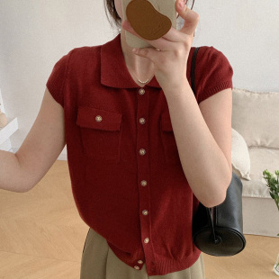 羊范高端设计感时尚针织衫女POLO领精纺羊毛短袖夏季薄款口袋开衫