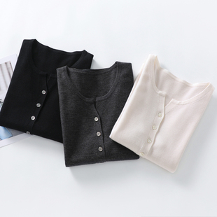 羊范扬子纱系列~精纺100美丽诺超细羊毛针织开衫女圆领抽条系扣款