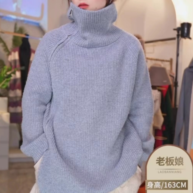 羊范长袖拼接高领慵懒风羊毛衫