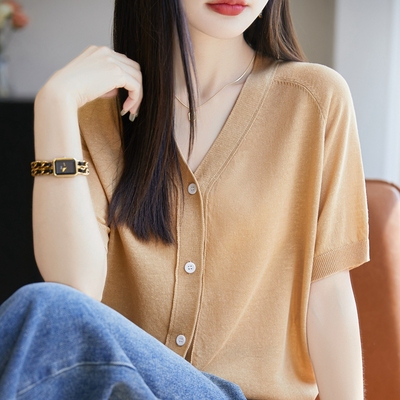 高级感V领天丝亚麻针织短袖开衫