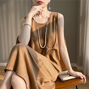 羊范真丝羊毛吊带背心裙女U领设计感收腰中长款无袖针织连衣裙薄