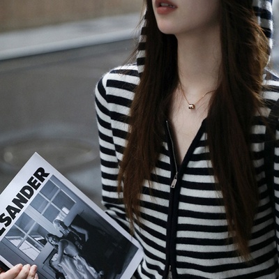 双拉链精纺羊毛薄款针织衫女连帽