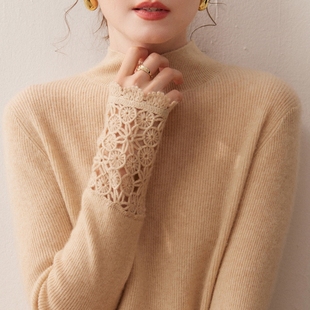简约时尚!秋冬新款BABY山羊绒针织衫女半高领袖口手钩花长袖上衣