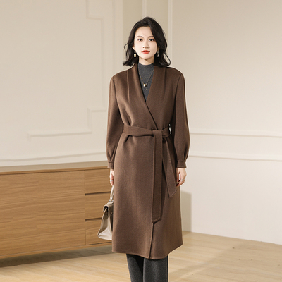 中长款无领修身双面100羊毛大衣