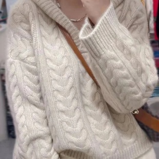 扭花加厚慵懒连帽套头100%羊毛针织打底衫女2025秋冬新款长袖毛衣