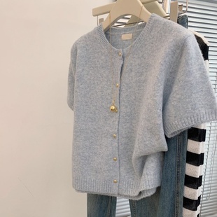 羊范气质优雅~圆领纯色100纯羊毛针织短袖女韩版休闲百搭显瘦开衫