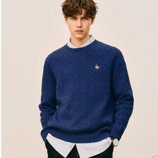 羊范秋冬100%纯羊毛衫男士小熊刺绣扭花毛衣圆领百搭学院风针织衫