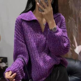 羊范软糯桑蚕丝山羊绒衫女洋气花纱紫翻领毛衣高级感港风纯色长袖
