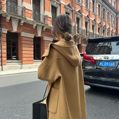 羊范毛呢长款宽松连帽毛呢外套