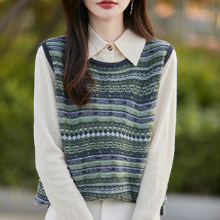 羊范复古提花100%纯羊毛马甲女圆领无袖针织坎肩时尚拼色叠穿上衣