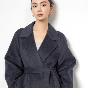 秋冬新款赫本风双面羊绒大衣女士气质中长款高端系带羊毛外套