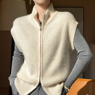 羊范2024秋冬新款高领100羊毛开衫女士宽松双拉链马甲叠穿加厚款