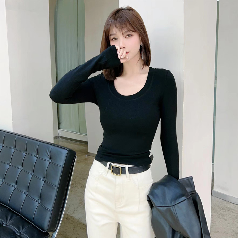 卡卡女装官方旗舰正品百搭长袖T恤防走光U领打底衫2024新款女秋冬