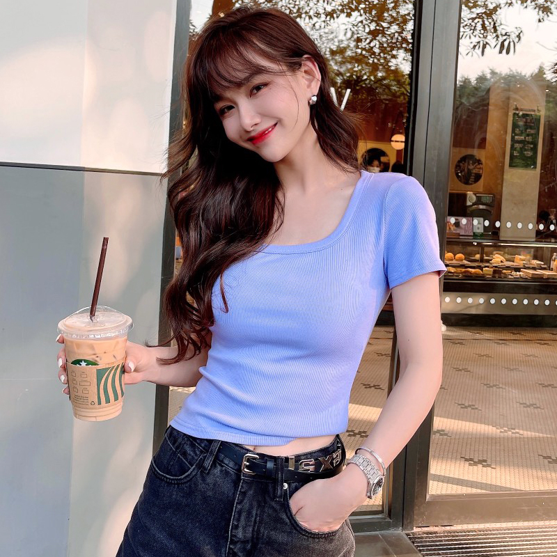 卡卡女装官方旗舰防走光短袖U领T恤修身百搭显瘦芭蕾锁骨打底上衣