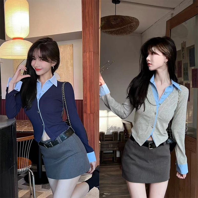 卡卡撞色假两件T恤拼接衬衫上衣