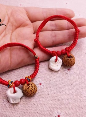 婴儿童压惊手链男女宝宝防惊吓桃木桃核胡篮端午节五彩绳猪惊狗牙