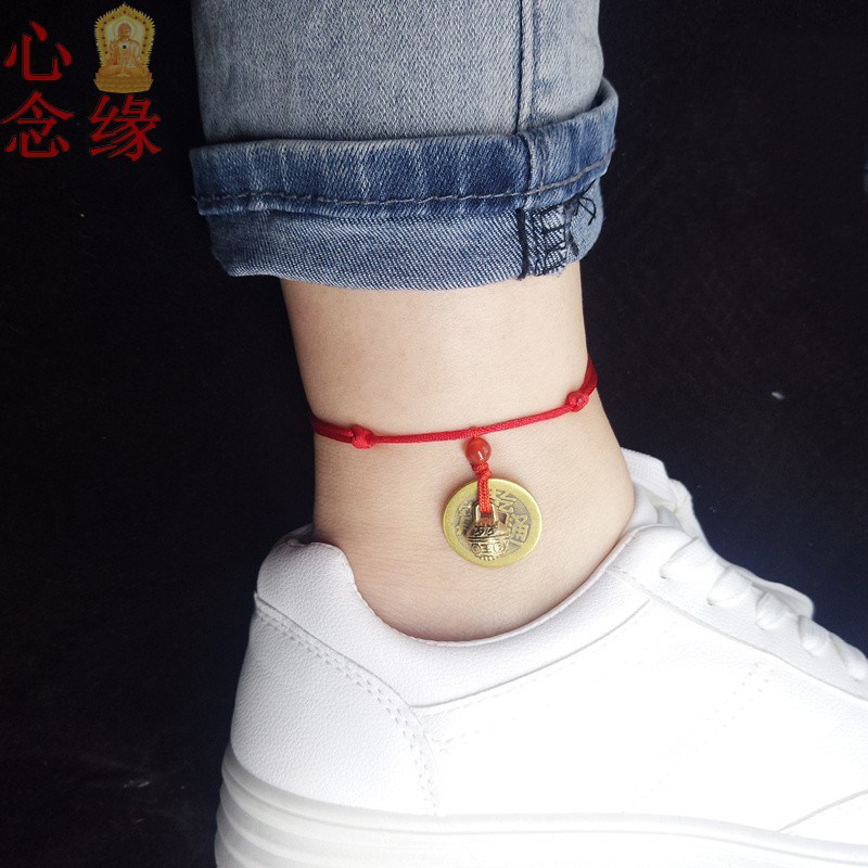 本命年黑狗牙红黑绳脚链男女情侣铜钱铃铛平安幸运简约脚链脚踝绳