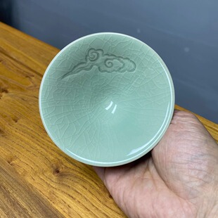 宋代美学汝瓷窑张公巷手工雕刻祥云斗笠主人个人品茗茶具单杯开片