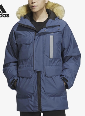 Adidas/阿迪达斯新款男士户外保暖连帽毛领羽绒服IS0367
