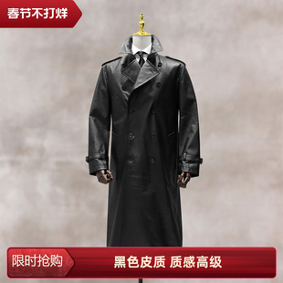 黑色长款 翻领大衣量身定做战壕风衣小牛皮真皮 双排扣皮衣男修身
