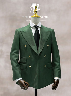 SOLARO变色绿色人字纹双排扣量身定做上海实体纯羊毛全国免费上门