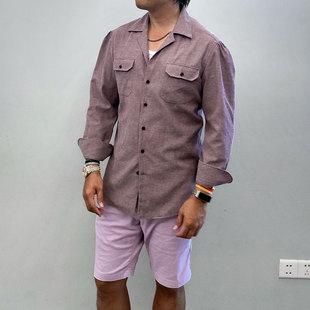 免烫刺绣量身定做牛仔 灰紫色古巴领沙滩领那不勒斯瀑布袖 衬衫 长袖