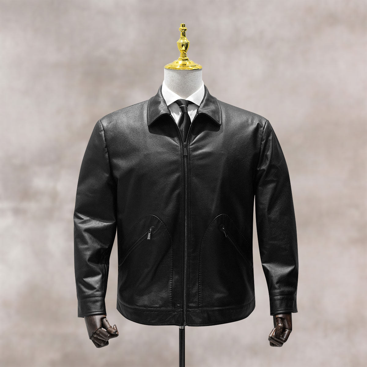 复古机车风黑色真皮夹克男翻领修身拉链皮衣外套加獭兔绒量身定做