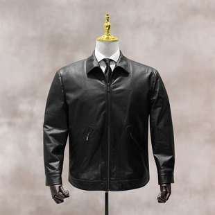 复古机车风黑色真皮夹克男翻领修身 拉链皮衣外套加獭兔绒量身定做