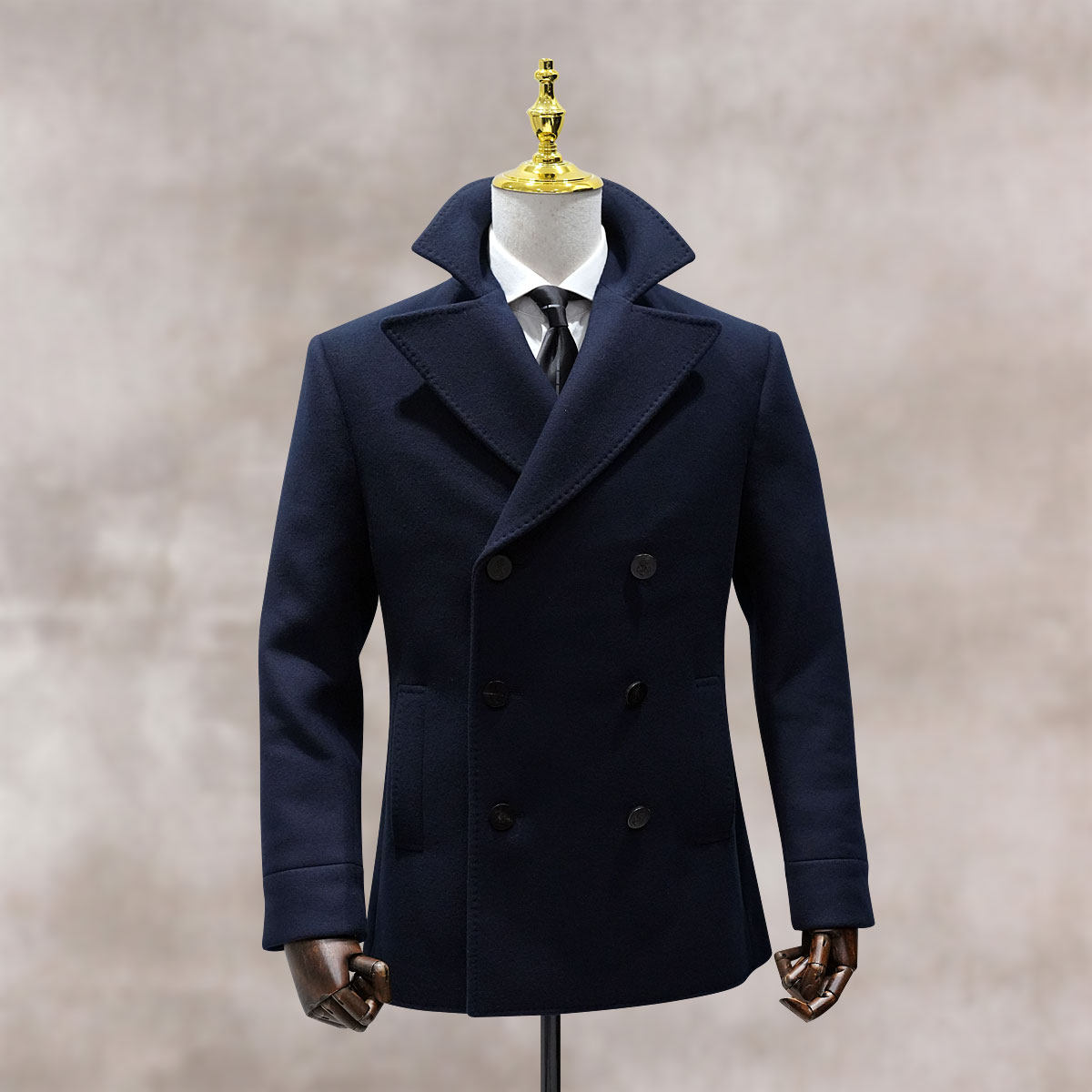 商务风双排扣毛呢短大衣男短款藏青色羊毛西装外套定制海军全国量