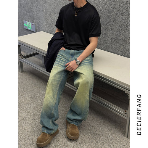 美式复古黄泥染牛仔裤男 春夏宽松阔腿裤 重工水洗做旧猫须长裤