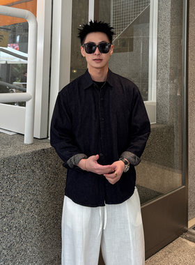 美式复古深色牛仔衬衫男亚麻春季宽松长袖衬衣 休闲痞帅叠穿外套