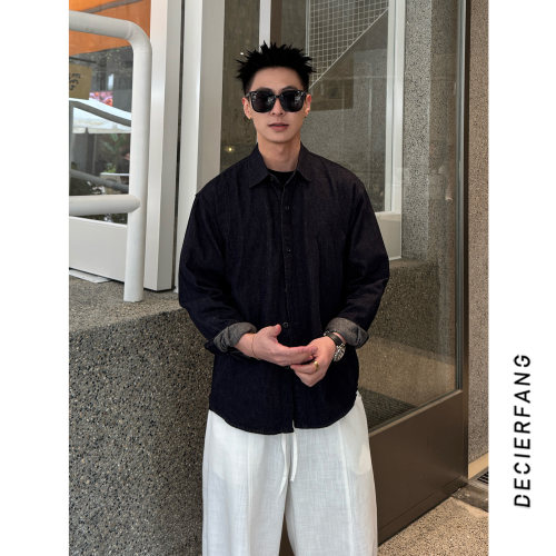 美式复古深色牛仔衬衫男亚麻春季宽松长袖衬衣 休闲痞帅叠穿外套
