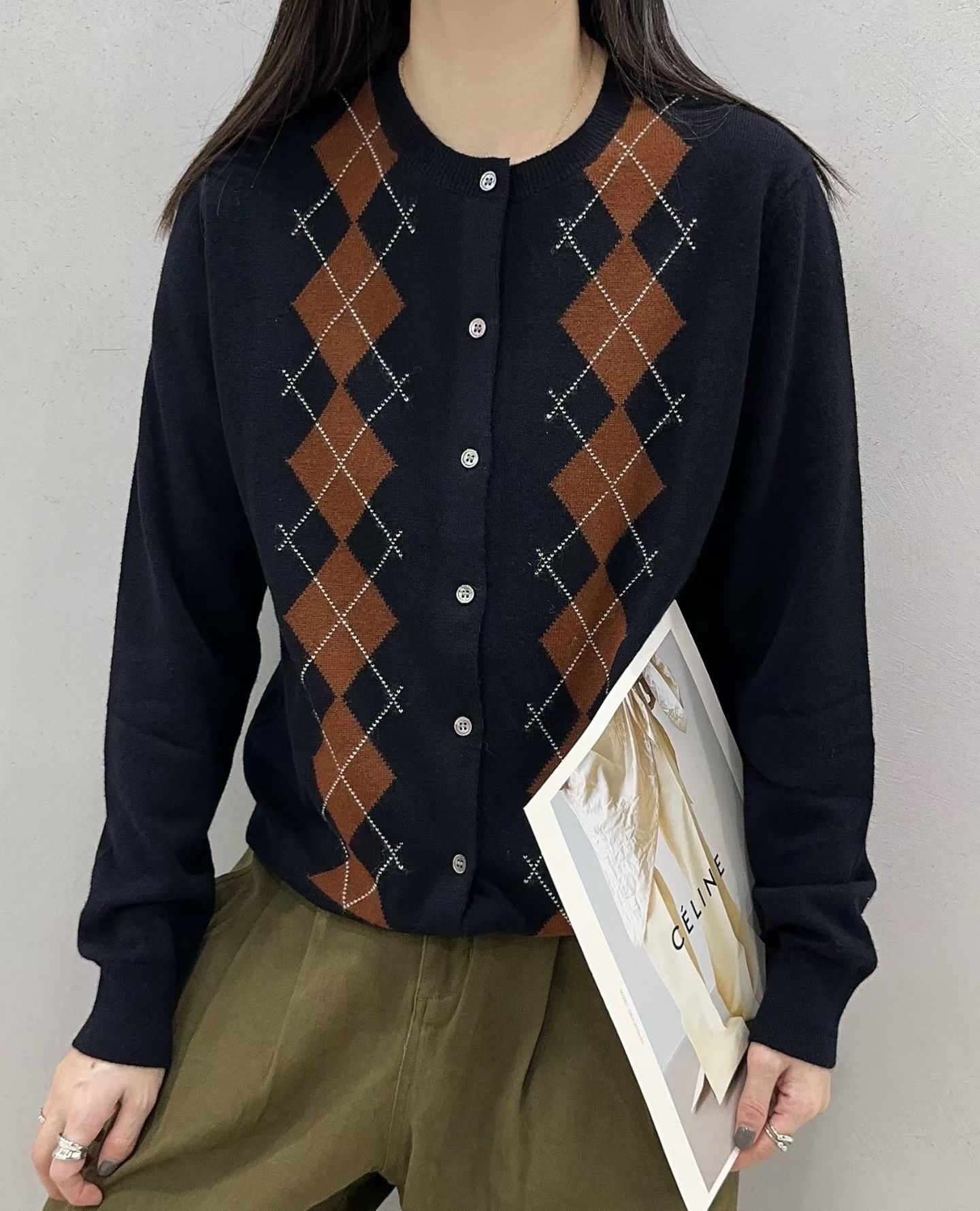 欧洲站2025秋冬新款女装欧货拼色菱形格子羊毛针织开衫毛衣外套