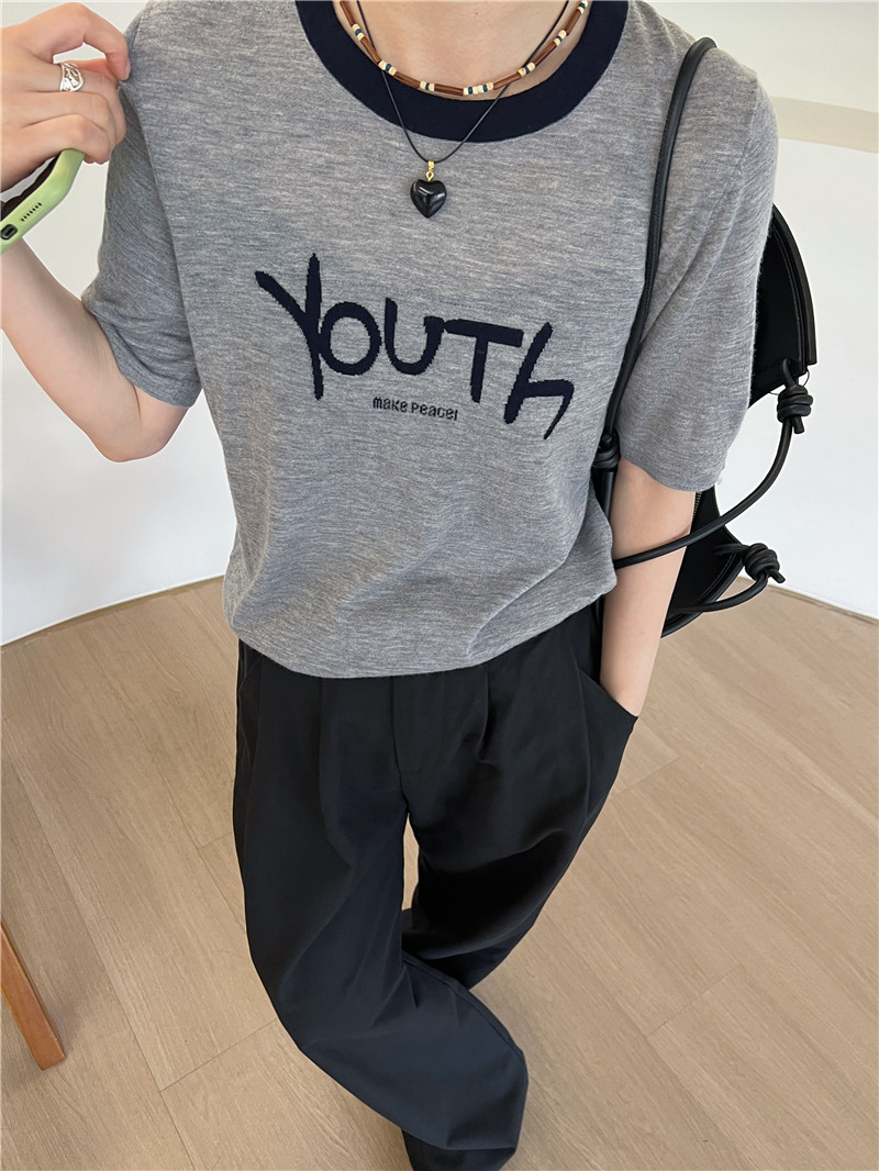 圆领细羊毛针织衫短袖上衣女