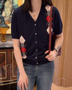凉爽菱形格绢丝短袖针织开衫女欧洲站2026春夏新款洋气小衫宽松