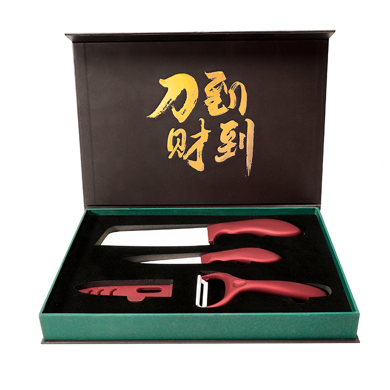 厂家直销高档礼品定制陶瓷刀礼盒装水果切片免磨塑胶手柄3件套