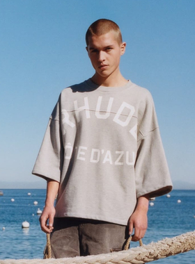 RHUDE美式高街字母LOGO复古拼接半袖男女宽松落肩毛圈五分短袖潮