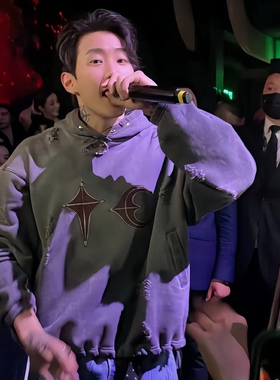 Thug Club朴宰范同款复古脏洗破洞做旧帽衫高街vibe男女连帽卫衣