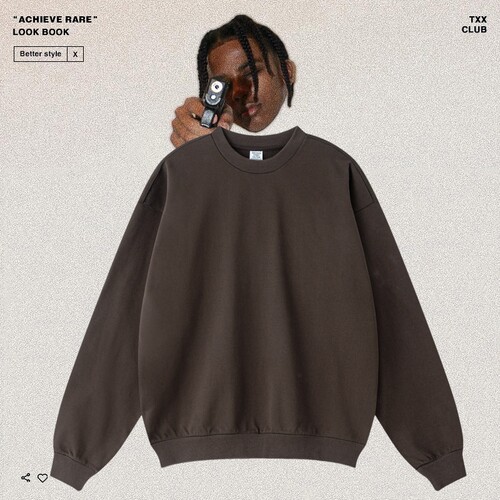 美式休闲复古纯色落肩袖圆领卫衣