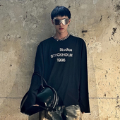 宽松休闲长袖 复古磨破做旧男女同款 T恤 简约字母印花打底衫 AC风格