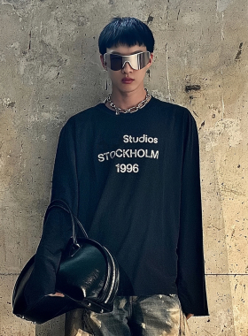 AC风格简约字母印花打底衫复古磨破做旧男女同款宽松休闲长袖T恤