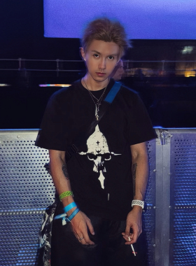 THUG CLUB星月骷髅头印花短袖小众高街男女宽松嘻哈纯棉休闲T恤潮
