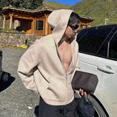 AC风格 双面尼羊绒连帽夹克高街复古纯色潮牌男女宽松休闲拉链外套