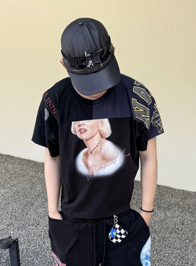 Protocol index美式高街做旧撞色拼接梦露印花男女宽松短袖T恤潮