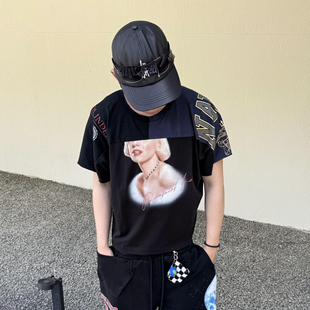Protocol index美式高街做旧撞色拼接梦露印花男女宽松短袖T恤潮